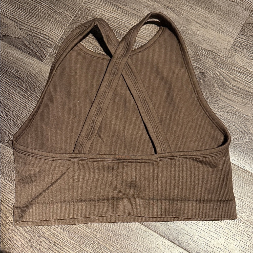 Brown Women's High Neck Cross-Back Workout Top
